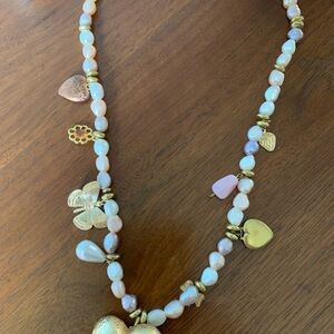 Gold and Pink Beaded Heart Charm Necklace - Women's Jewelry